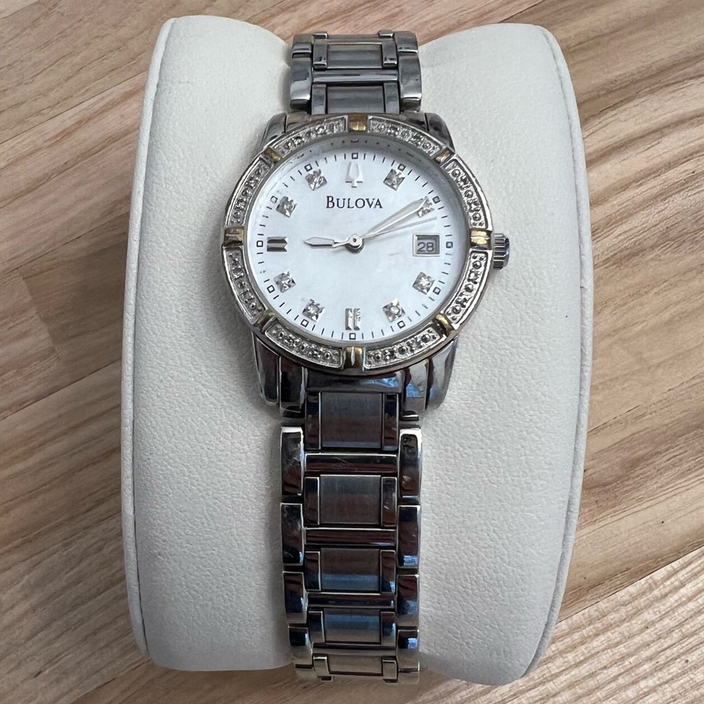 Bulova Ladies Watch Marine Star Genuine Diamonds White Pearl Dial 96R105